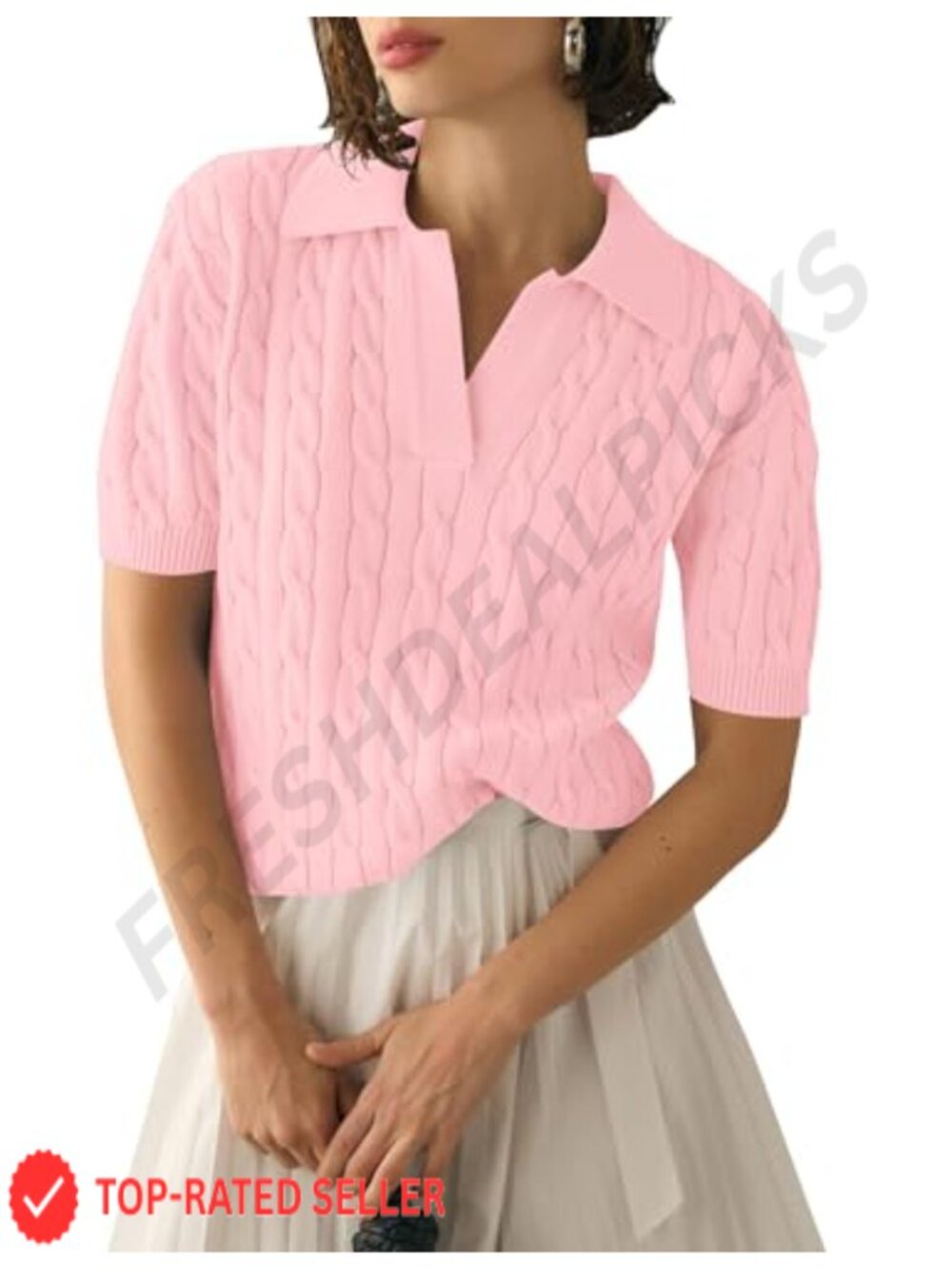 Womens Cable Knit Short Sleeve Sweater Polo V Neck Loose Fit